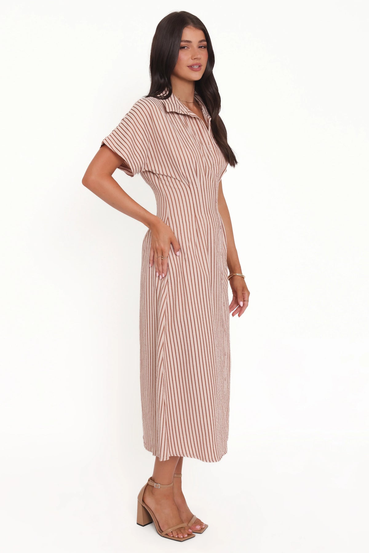 Eilis Short Sleeve Button Down Maxi Dress - Brown Stripe