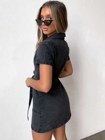 Full Size Zip Front Short Sleeve Denim Dress Plus Size