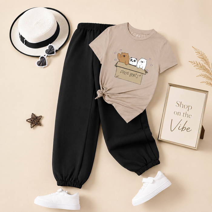 FREE BEAR CREAM TEE WITH BLACK TROUSER