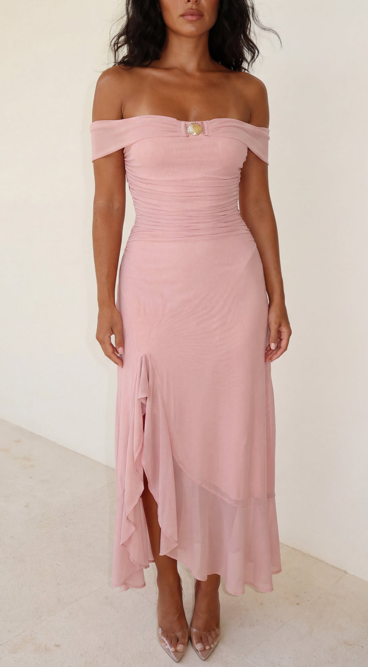 Calie Off Shoulder Mesh Maxi Dress - Pink