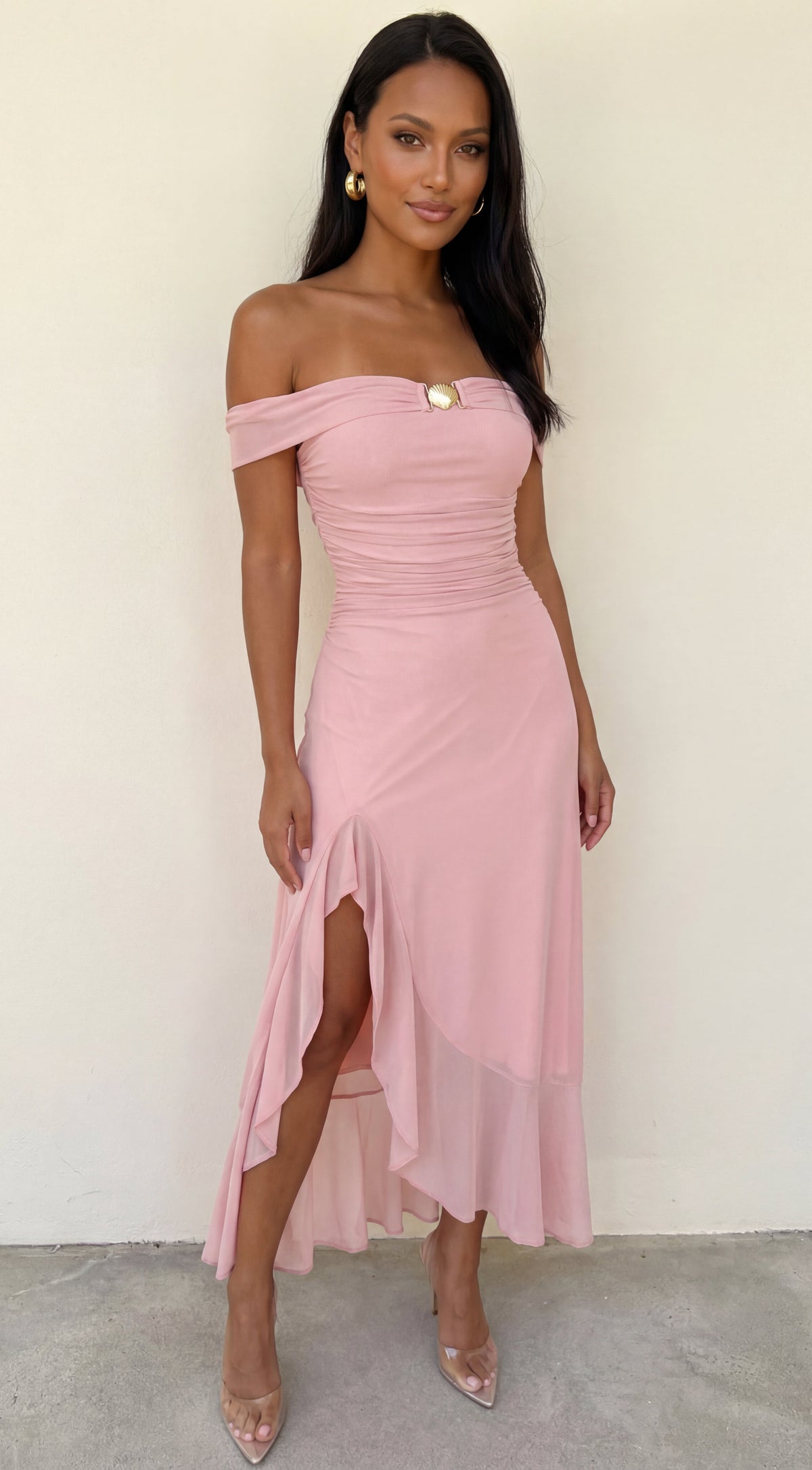 Calie Off Shoulder Mesh Maxi Dress - Pink