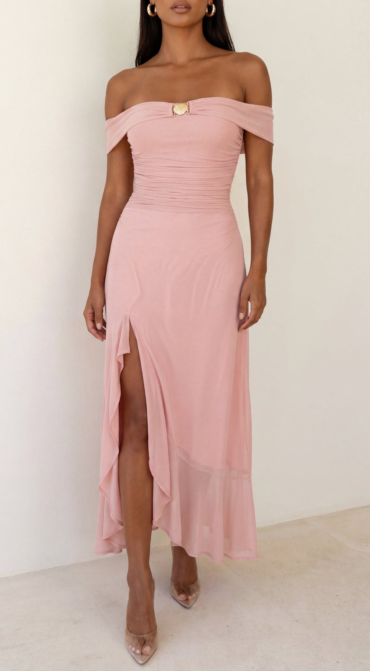Calie Off Shoulder Mesh Maxi Dress - Pink