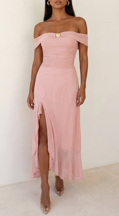Calie Off Shoulder Mesh Maxi Dress - Pink