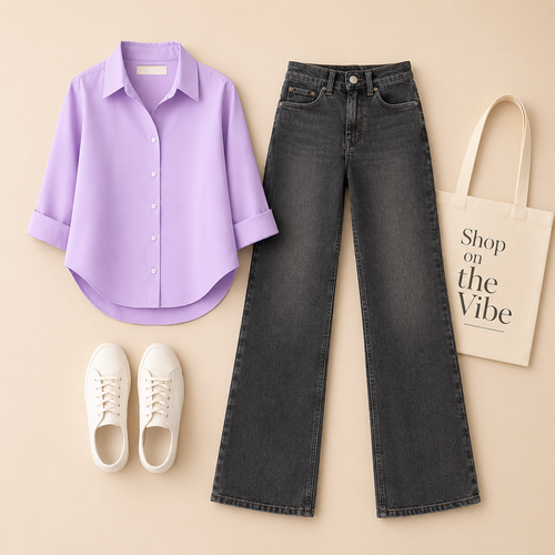 LILAC BUTTON SHIRT WITH MALAYSIAN BLACK WIDE LEG JEANS