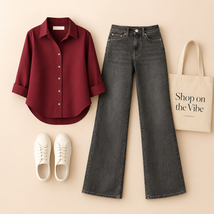 MAROON BUTTON SHIRT WITH MALAYSIAN BLACK WIDE LEG JEANS