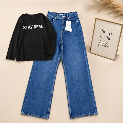 MID BLUE WIDE LEG JEANS BLACK FULL SLEEVE TEE STAY REAL