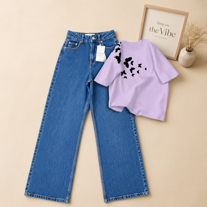 MID BLUE WIDE LEG JEANS LILAC TEE SHOULDER BUTTERFLY