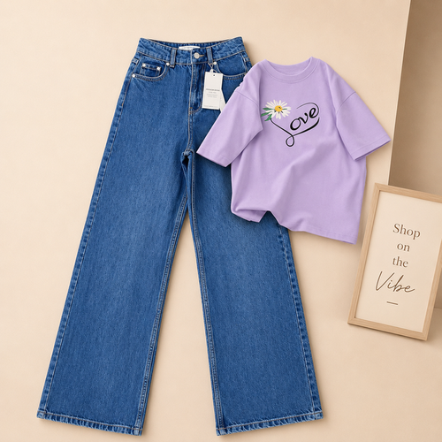 MID BLUE WIDE LEG JEANS WITH LILAC TEE LOVE SUNFLOWER