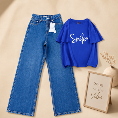 MID BLUE WIDE LEG JEANS WITH ROYAL BLUE TEE SMILE HEART