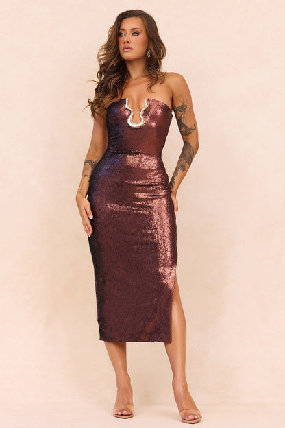 Midnight Siren Sequin Midi Dress - Bronze