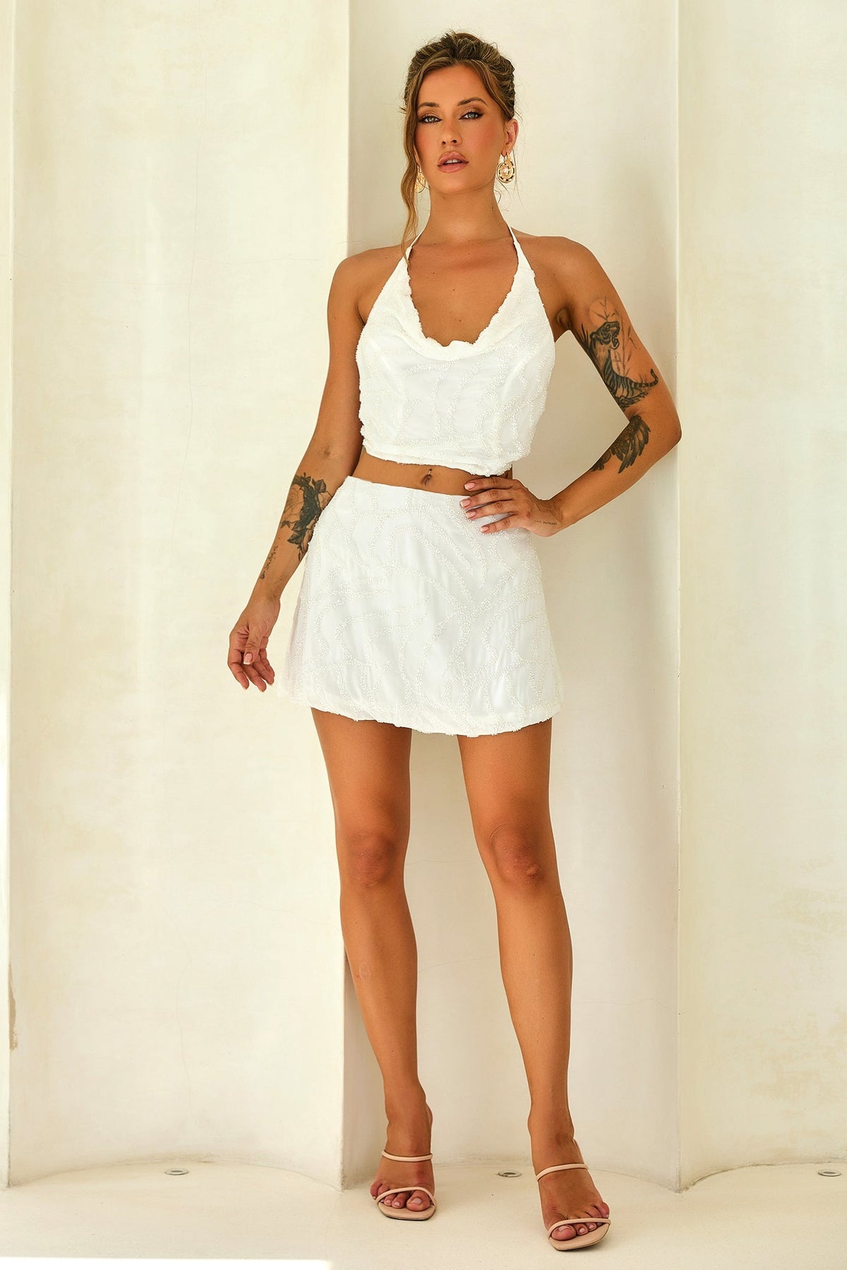 Moonlight Drive Beaded Chiffon Mini Skirt - White
