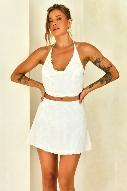 Moonlight Drive Beaded Chiffon Mini Skirt - White