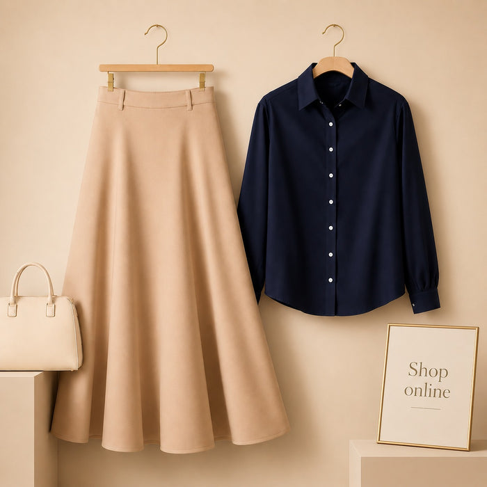 NAVY BLUE BUTTON DOWN WITH BEIGE COTTON TWILL SKIRT
