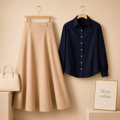 NAVY BLUE BUTTON DOWN WITH BEIGE COTTON TWILL SKIRT