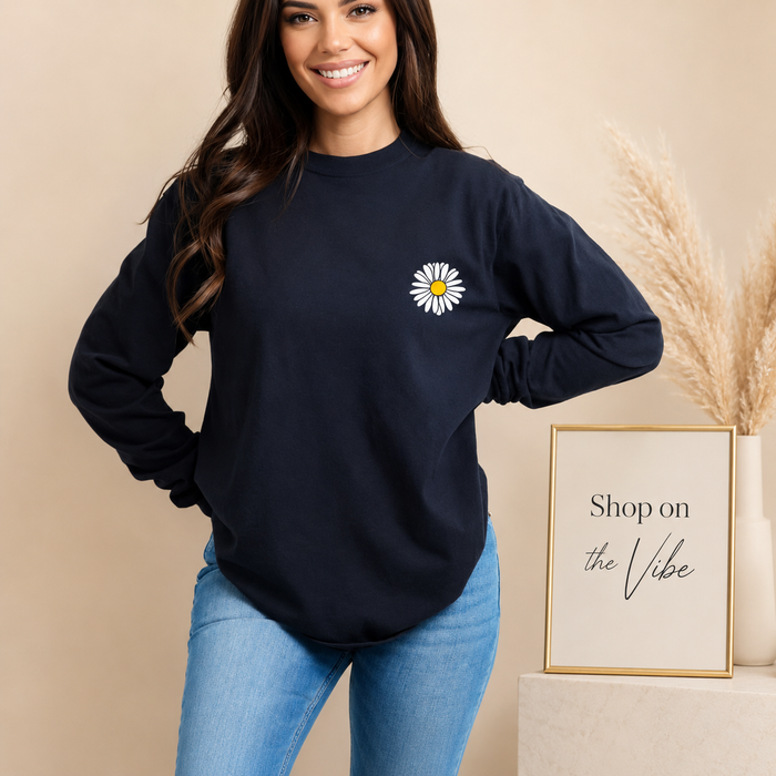 NAVY BLUE FULL SLEEVE TEE SUNFLOWER ON POCKET