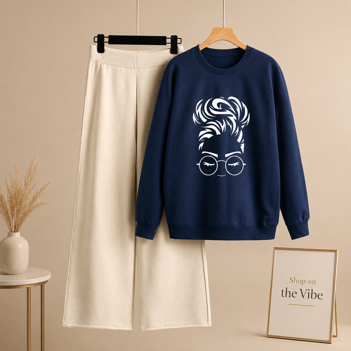 NAVY BLUE SWEATSHIRT HAIRY GIRL WITH BEIGE FLAPPER