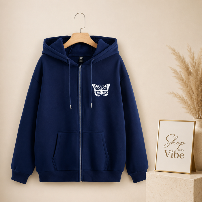 NAVY BLUE ZIPPER HOOD POCKET BUTTERFLY