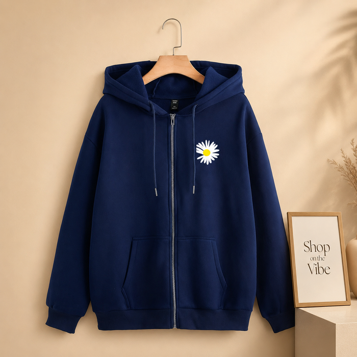 NAVY BLUE ZIPPER HOOD SUNFLOWER ON POCKET