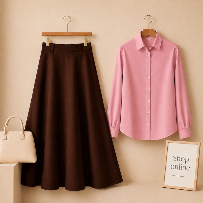 PINK BUTTON DOWN WITH DARK BROWN COTTON TWILL SKIRT