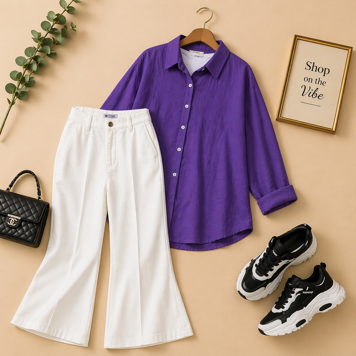 PURPLE BUTTON DOWN SHIRT WITH WHITE BELL BOTTOM JEANS