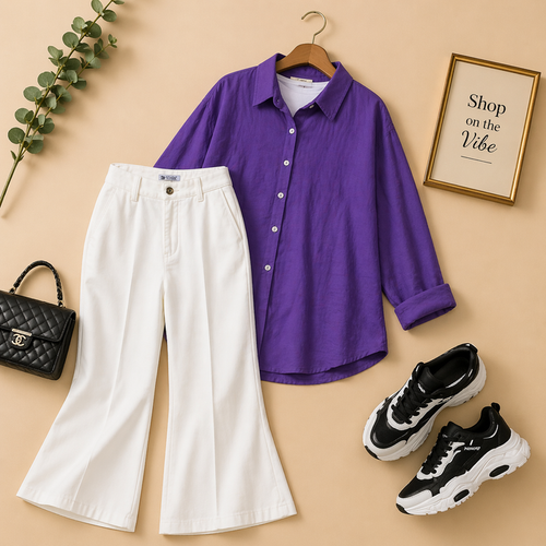 PURPLE BUTTON DOWN SHIRT WITH WHITE BELL BOTTOM JEANS