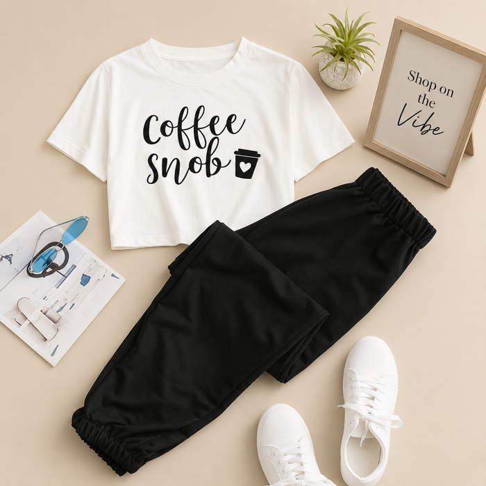 WHITE TSHIRT COFFEE SNOB WITH BLACK TROUSER